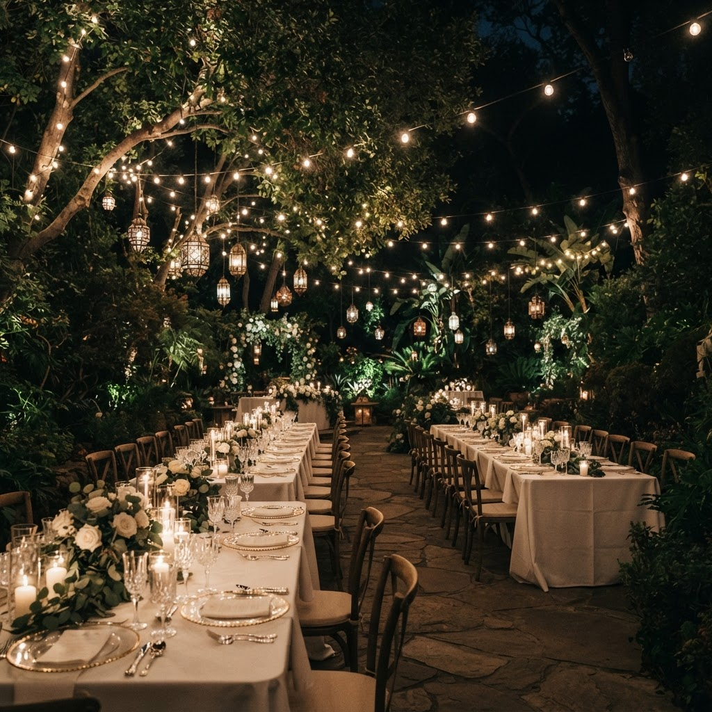 Venue de eventos iluminado durante una recepción nocturna al aire libre
